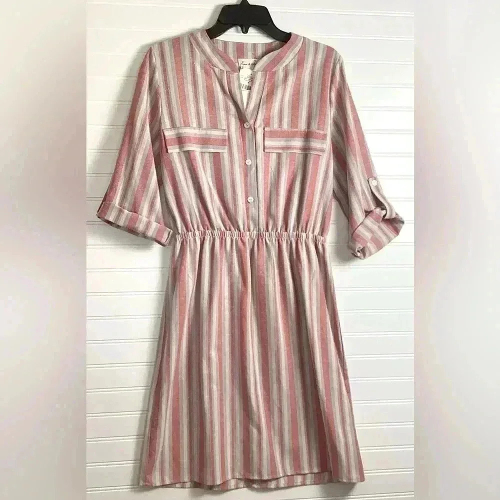 Emil& Joe NWT Dusty Rose Pink Striped  Dress Linen& Cotton Blend Size Medium